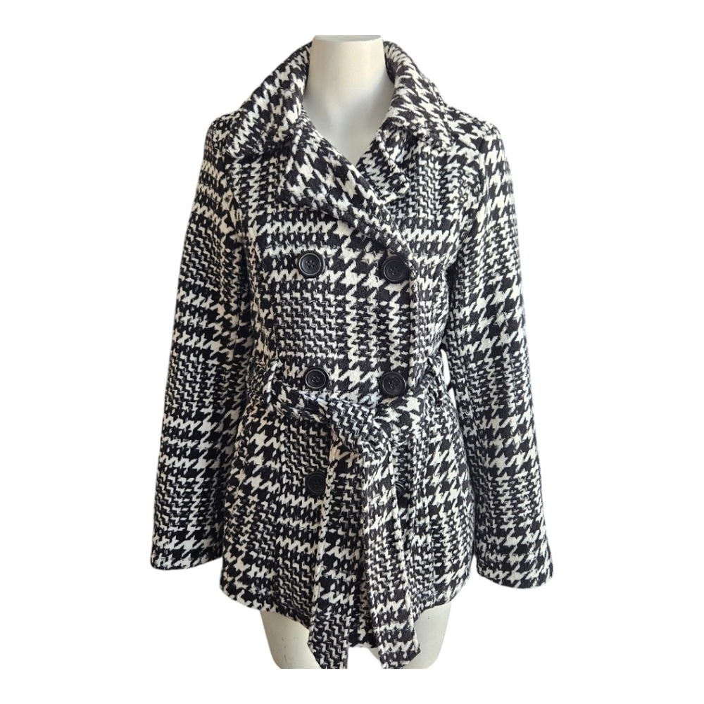Me Jane Herringbone Pattern Lined Coat Button Front With Belt & Pockets Sz Small